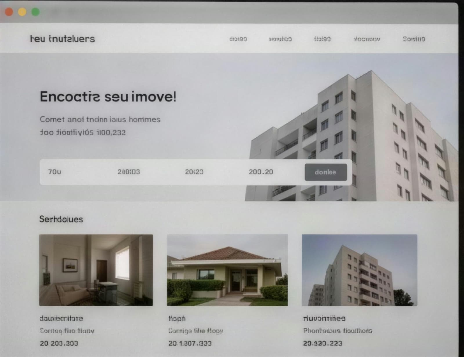 Site imobiliário genérico: layout de template, tipografia sem hierarquia e miniaturas pequenas de imóveis.