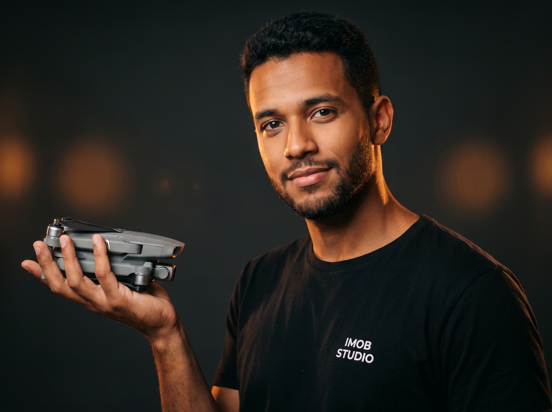 Profissional da PARADOXO, de camiseta da marca, segurando o drone na mão aberta.